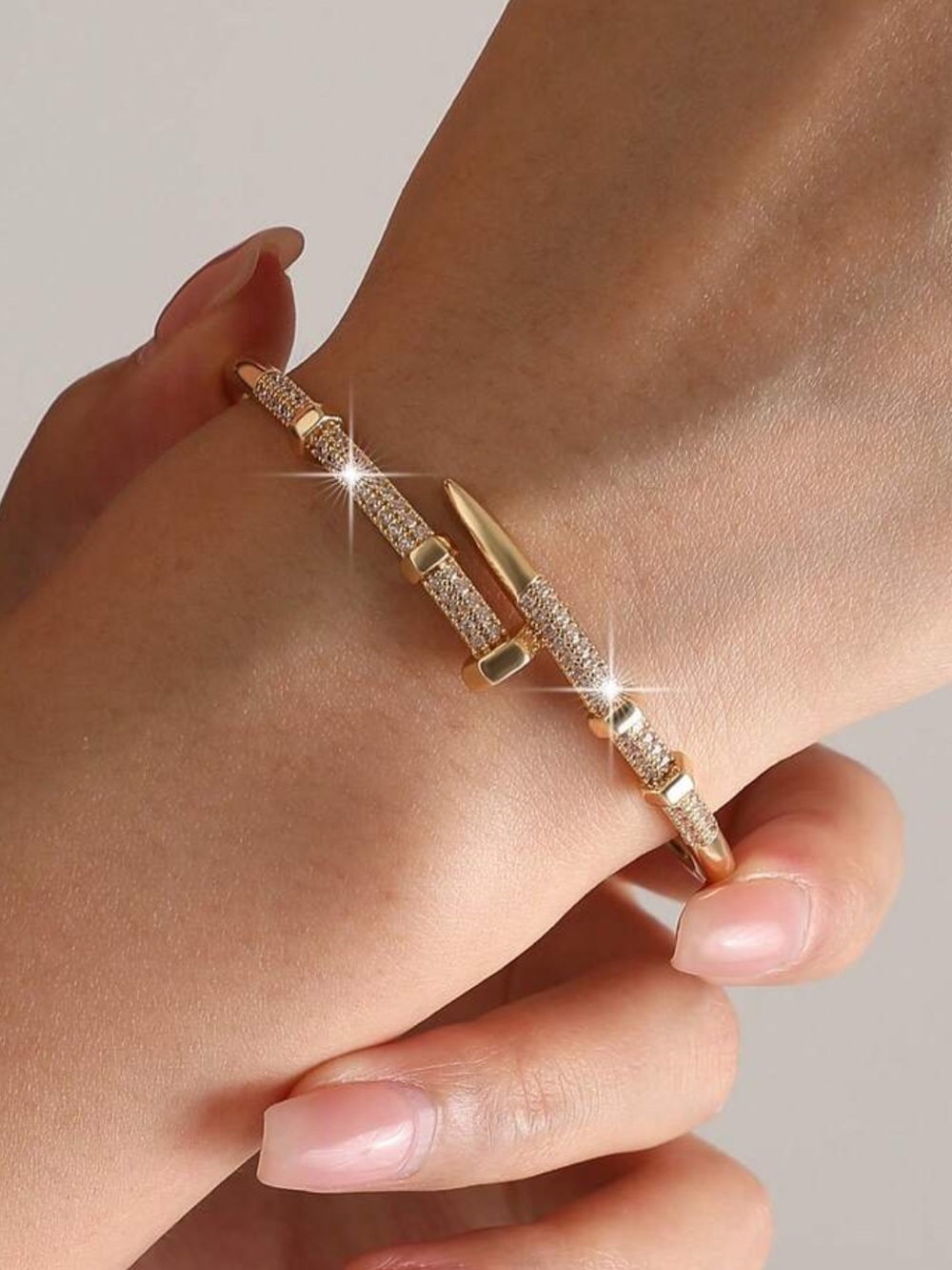 Yellow Gold Pave Nail-Style Bangle Bracelet new cubic zirconia new stack 1pc - Picture 3 of 5